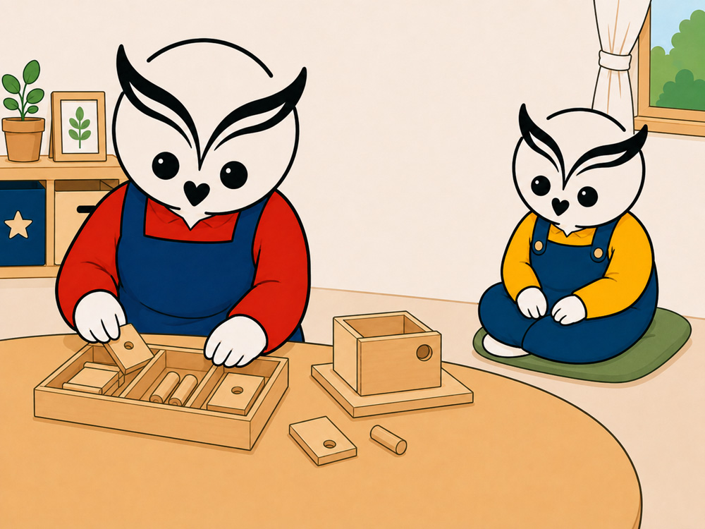 疲れたお兄ちゃんは作業台から少し離れて休み、お母さんは工作を引き継がず、部品だけを仕切り付きトレーへ整理している
