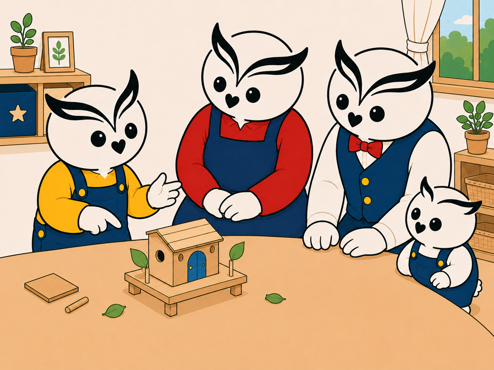 完成した作品を前に、お兄ちゃんが工夫した部分を説明し家族が聞いている