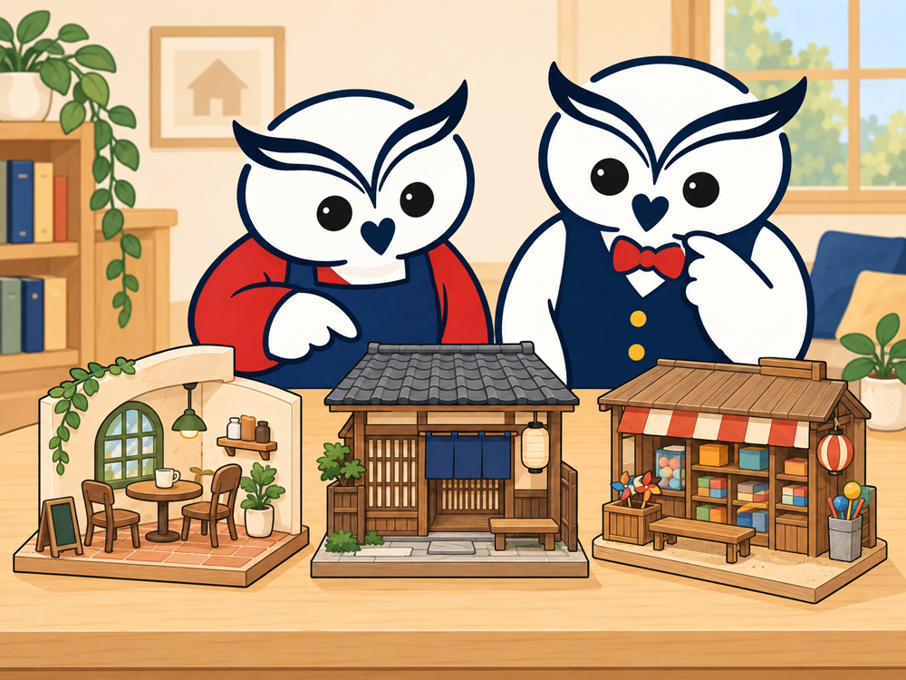 洋風の小さなカフェ、格子戸のある京町家風の店、お菓子や玩具が並ぶ昭和の駄菓子屋風の店を見比べている