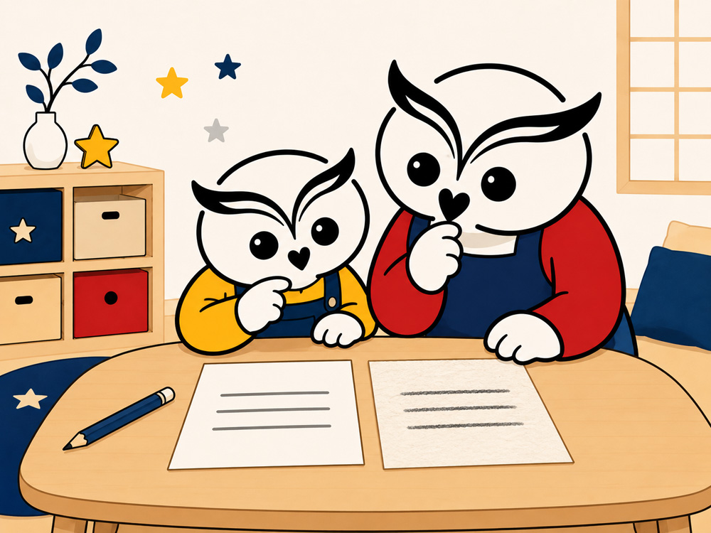 2種類の紙に同じ鉛筆で描いた線を見比べている