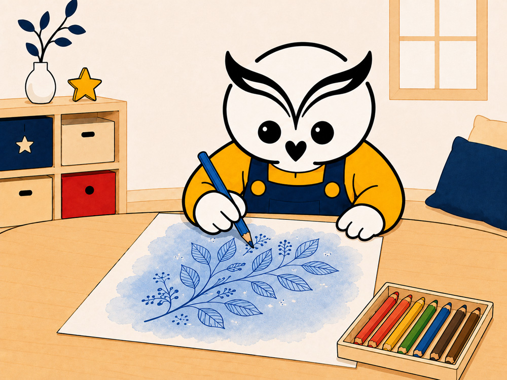 水彩の背景に色鉛筆で細部を描き加えている