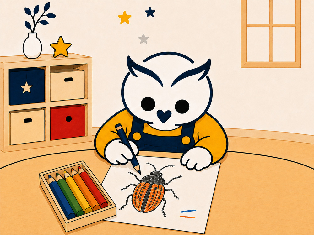 色鉛筆で昆虫の脚や模様を細かく描いている