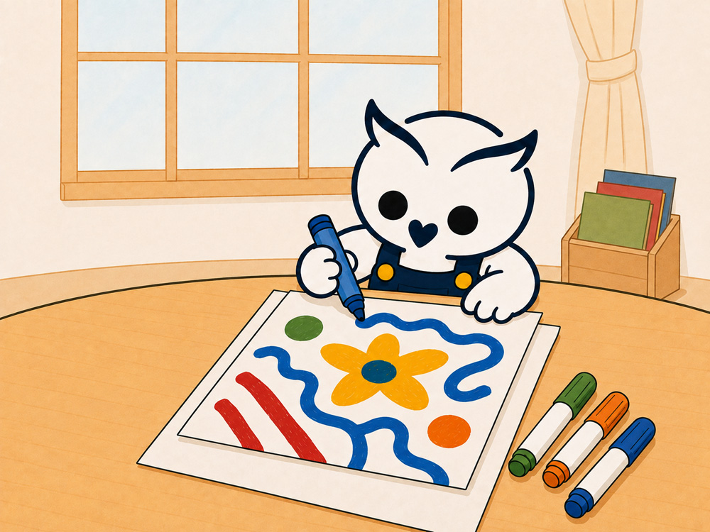 水性マーカーではっきりした線や大きな模様を描いている