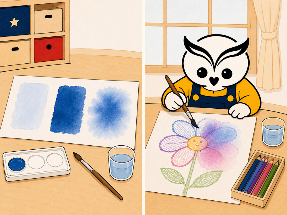 水の量を変えた水彩絵の具の淡い色・濃い色・にじみの比較