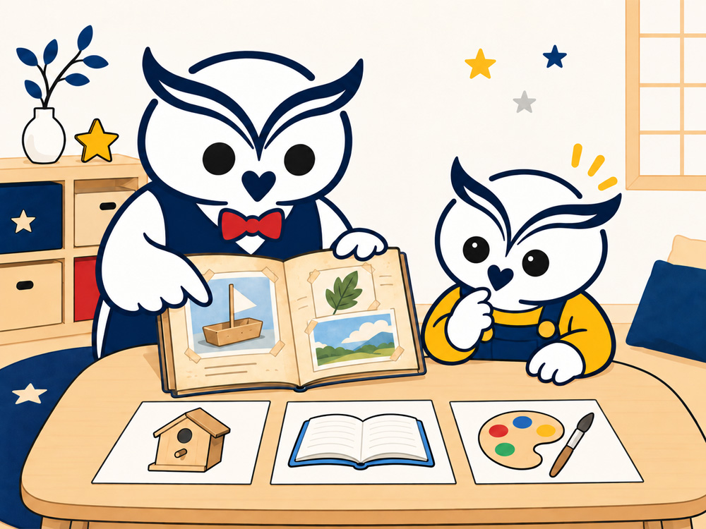 昔の自由研究について話すお父さんと、現在の課題を考えるお兄ちゃん