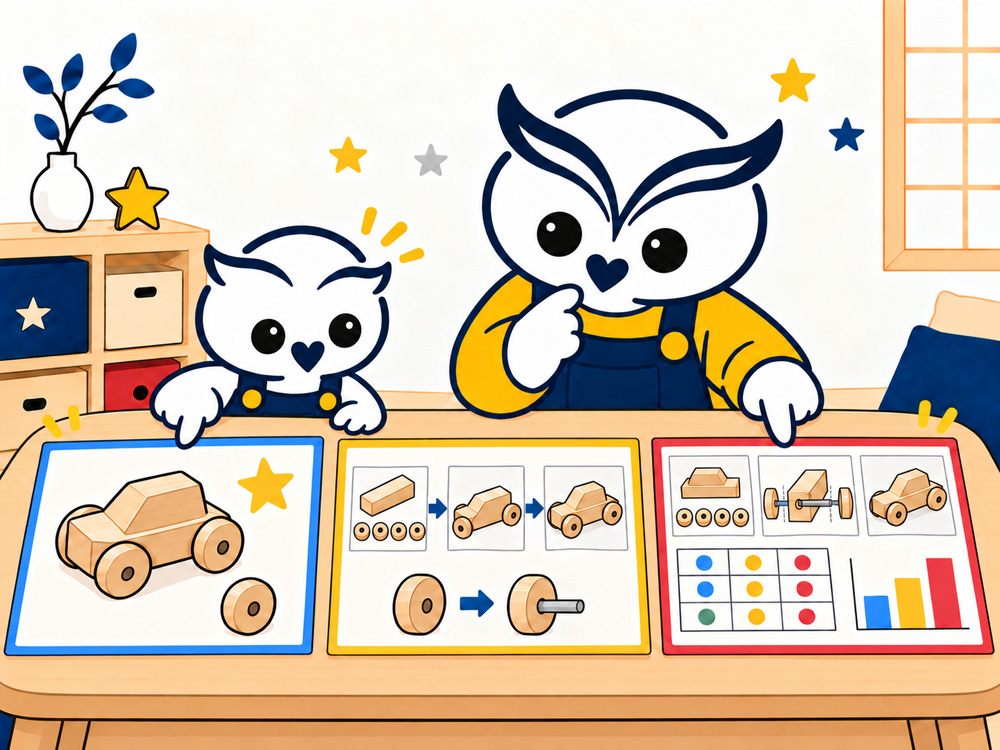 難しさの異なる三つのまとめ方を兄弟で見ている