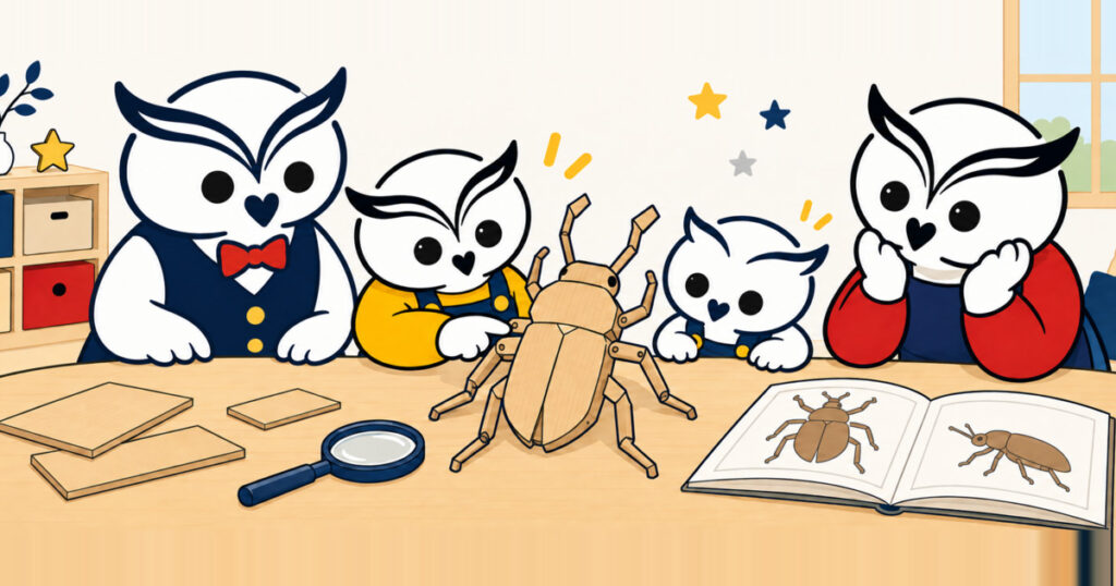 家族で段ボールの工作で作ったカブトムシを観察している