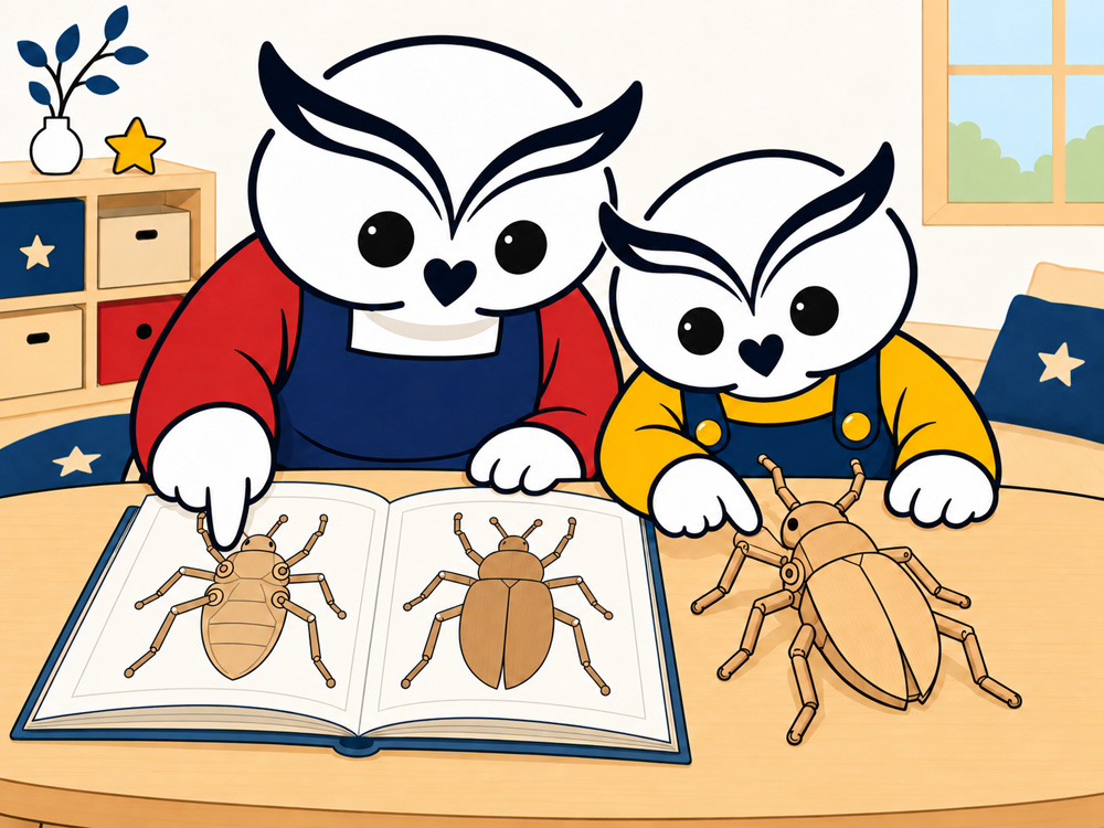 段ボール製カブトムシと図鑑を見ている