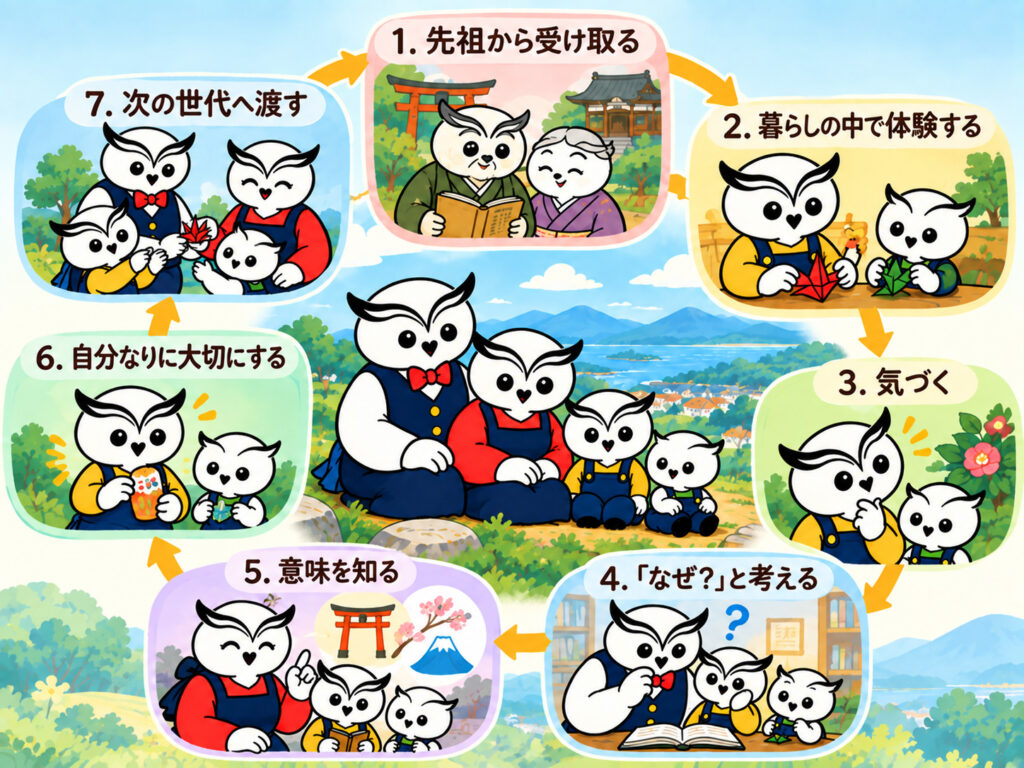 先祖から受け取る、暮らしの中で体験する、気づく、「なぜ？」と考える、意味を知る、自分なりに大切にする、次の世代へ渡す