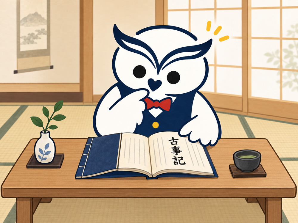 フクロウのお父さんが『古事記』を読んでいる