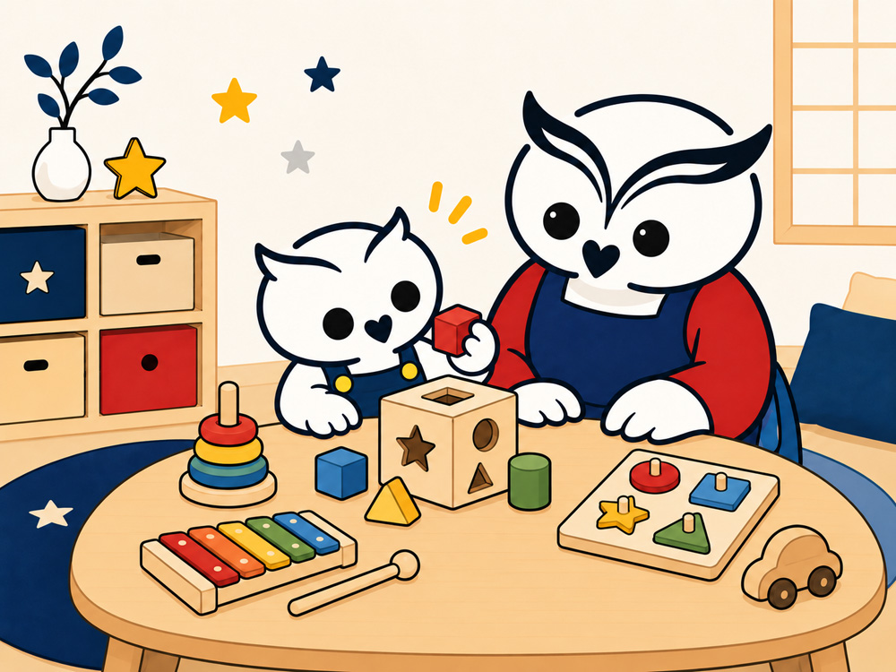 子どもとお母さんが知育玩具で遊んでいる