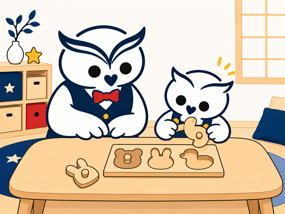 子どもがパズルの向きを変えながら合う場所を探しているのを親が見守っている