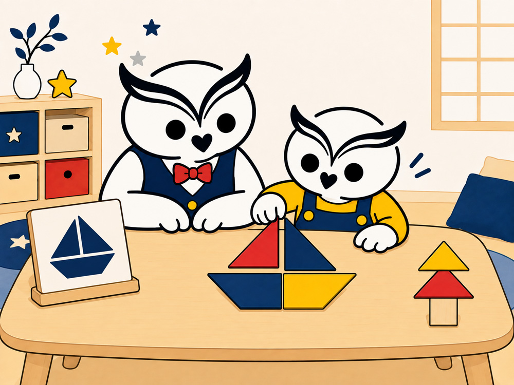 パズルが簡単になったら見本や条件を変えてみて、大人は答えより試している様子を見守る